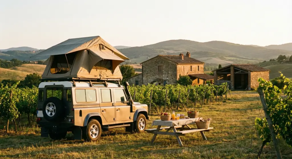 Stationnement légal en tente de toit voiture sur un terrain privé agricole, une alternative aux aires de bivouac publiques.