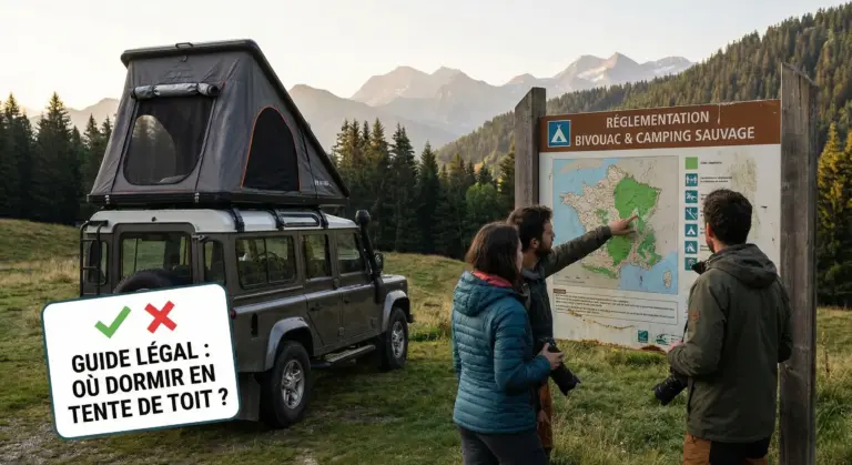Bivouac discret en tente de toit voiture dans les montagnes françaises au coucher du soleil." (Cible le mot-clé principal "tente de toit voiture").