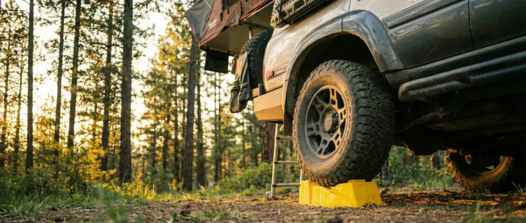 Voiture équipée d'une tente de toit mise à niveau sur des cales jaunes pour éviter de glisser la nuit.