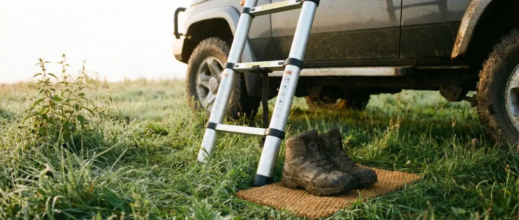 Paire de chaussures de randonnée boueuses laissées au pied de l'échelle d'une tente de toit sur un terrain humide.
