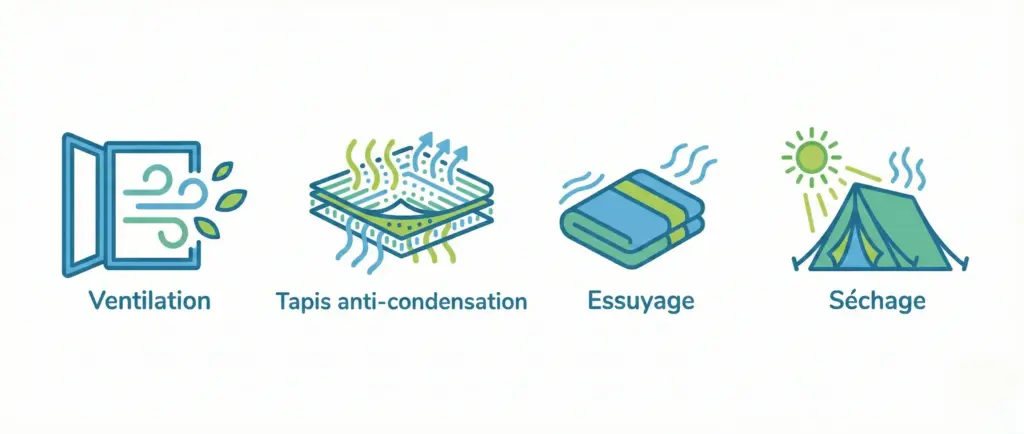 Icônes illustrant les 4 règles d'or contre la condensation : Ventilation, Sous-matelas, Serviette, Séchage.