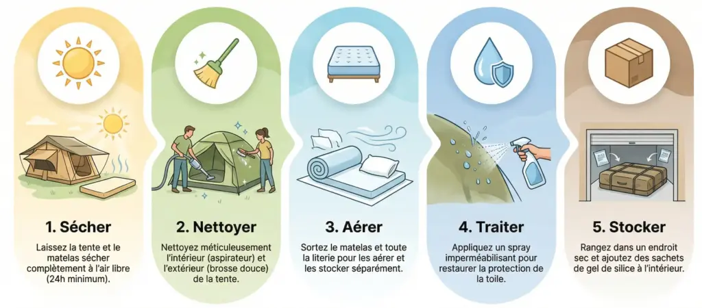 Infographie checklist hivernage tente de toit : 5 étapes clés (Sécher, Nettoyer, Aérer, Traiter, Stocker) pour éviter la moisissure en hiver.