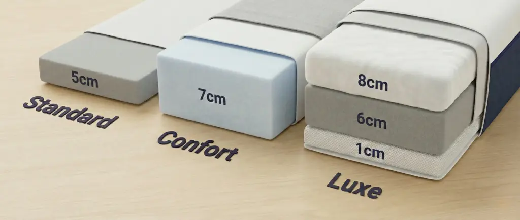 Comparaison épaisseur matelas tente de toit : standard 5cm vs confort 8cm vs luxe 15cm