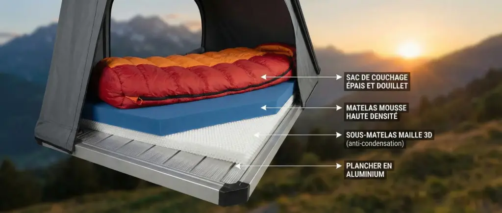 Schéma coupe transversale isolation tente de toit : sous-matelas 3D, matelas mousse et duvet chaud.