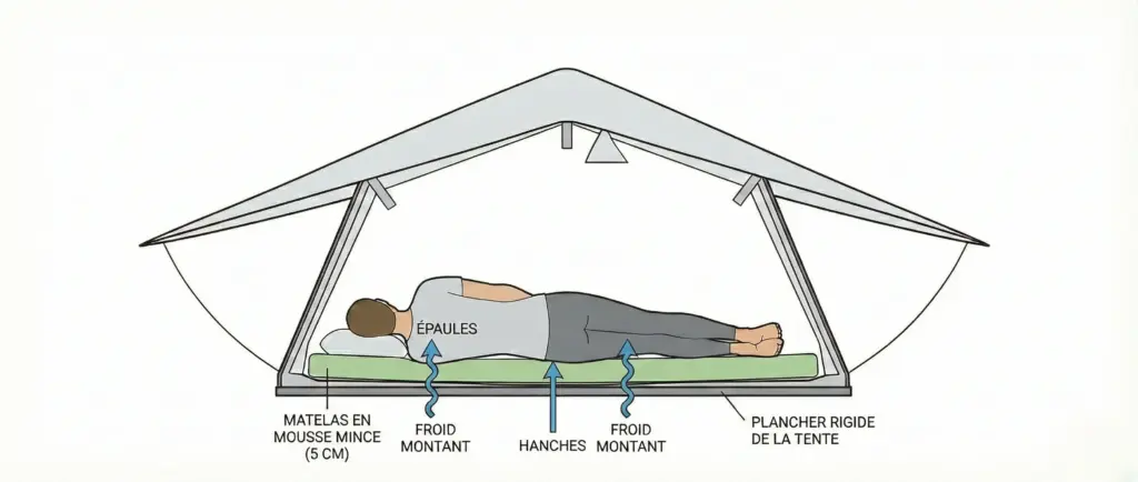 Schéma coupe transversale matelas tente de toit montrant compression points de pression et froid remontant du plancher
