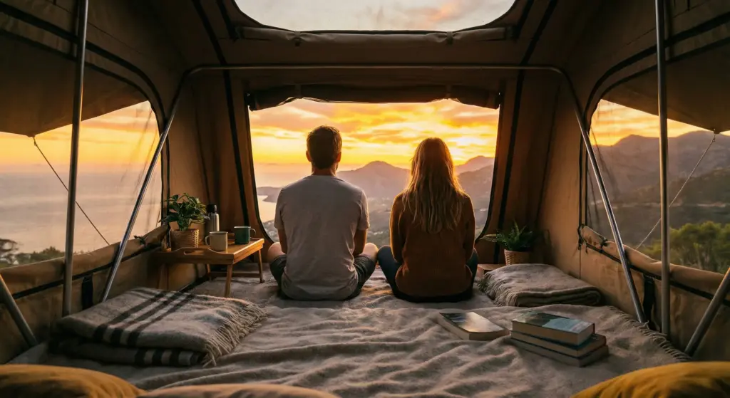 Couple profitant de la vue depuis une tente de toit parfaitement rangée au coucher du soleil.