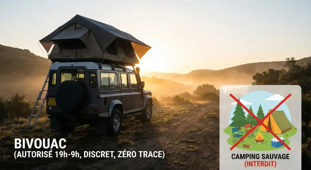 Exemple d'un bivouac respectueux en France : seule la tente de toit est déployée pour la nuit, sans matériel de camping sauvage au sol.