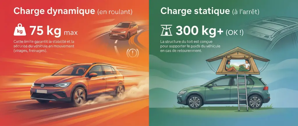 Infographie en écran partagé (split screen) comparant le poids sur le toit d'une voiture. À gauche sur fond rouge, une voiture en mouvement illustre la "Charge Dynamique" limitée à 75 kg. À droite sur fond vert, la même voiture à l'arrêt avec une tente de toit ouverte et deux personnes dedans illustre la "Charge Statique" supportant plus de 300 kg en toute sécurité.