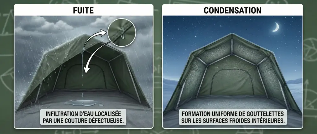 Schéma comparatif entre une fuite localisée (couture) et de la condensation généralisée (gouttelettes partout) dans une tente de toit.