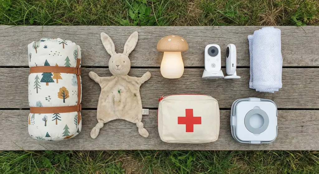Vue à plat (flatlay) de l'équipement nécessaire pour le camping en tente de toit avec enfants : sacs de couchage, veilleuse, doudou, filet, pot.