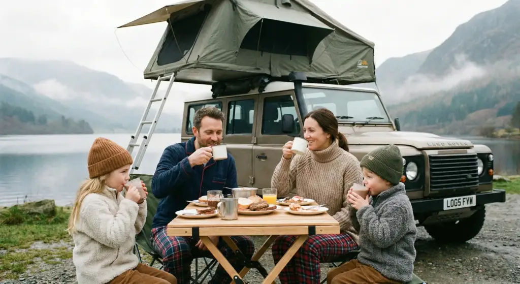 Famille prenant le petit déjeuner au pied de leur véhicule équipé d'une tente de toit, souriants et détendus.