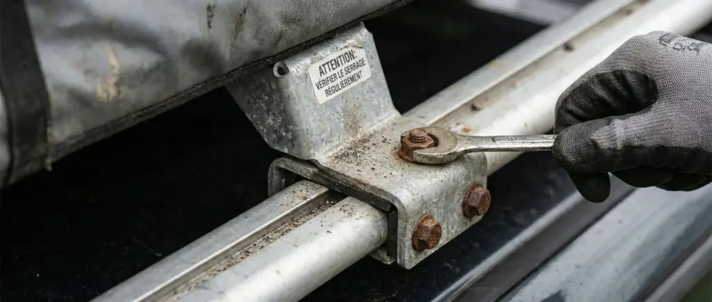 Gros plan sur une fixation de tente de toit avec un boulon standard facile à dévisser
