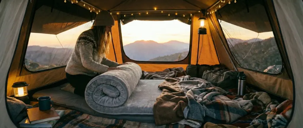 Installation sur-matelas autogonflant Decathlon dans une tente de toit voiture