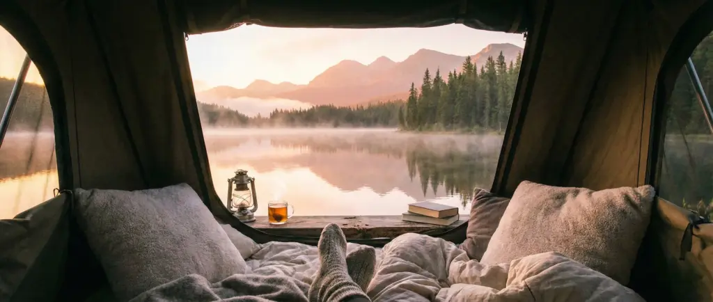 Intérieur cocooning d'une tente de toit avec oreillers moelleux et vue sur un lac au réveil.