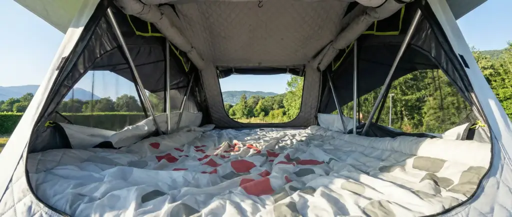 Vue de l'intérieur spacieux de la tente de toit Quechua MH500 de Decathlon, montrant le grand matelas confortable et les fenêtres ouvertes sur la nature.