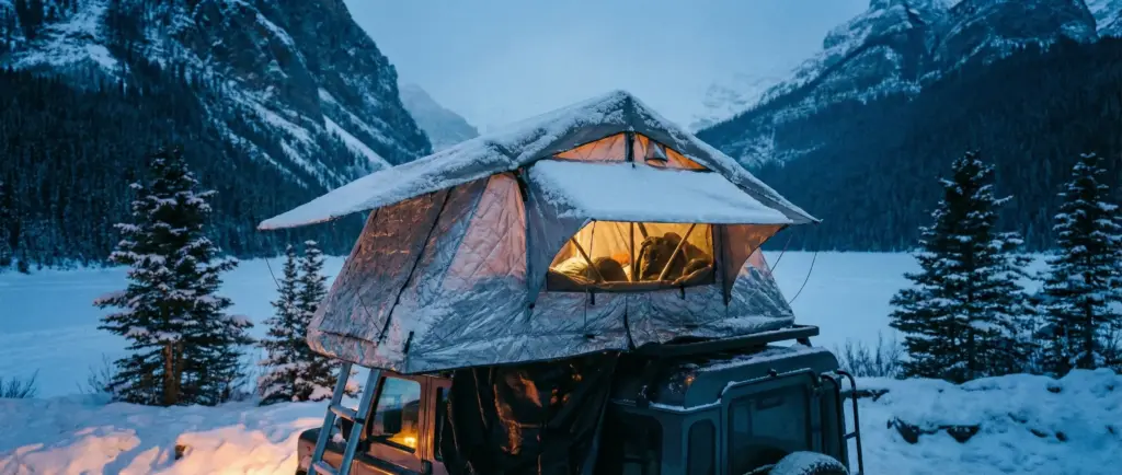 Tente de toit équipée d'une coque isolante thermique matelassée lors d'un bivouac hivernal sous la neige.
