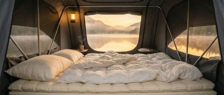 Intérieur d'une tente de toit avec un matelas épais et confortable et une vue sur la nature, illustrant la solution contre le mal de dos en bivouac.