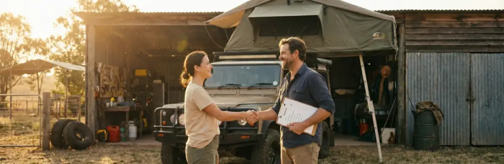 Poignée de main entre acheteur et vendeur devant un véhicule équipé d'une tente de toit après inspection.