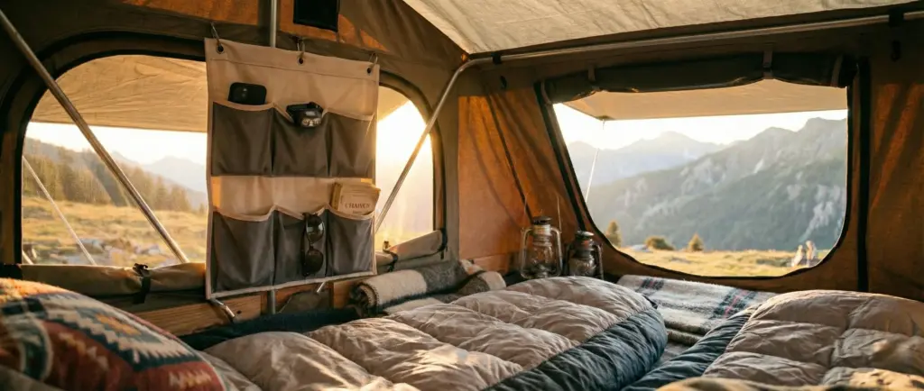 Organisateur multi-poches suspendu à la paroi intérieure d'une tente de toit contenant téléphone, lampe et lunettes.