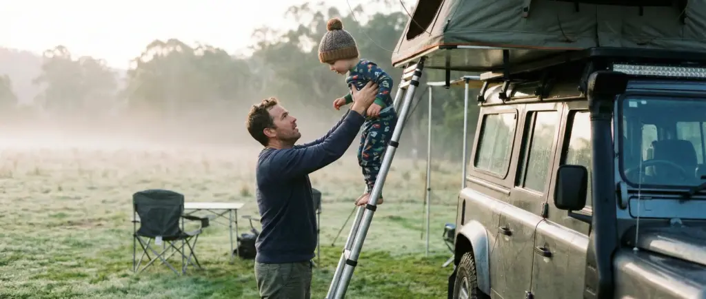Père aidant son enfant de 4 ans à descendre l'échelle de la tente de toit en le sécurisant avec ses mains.