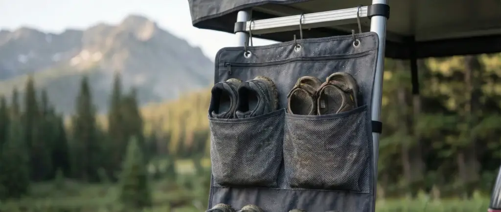 Sac de rangement pour chaussures imperméable suspendu aux barreaux de l'échelle d'une tente de toit.