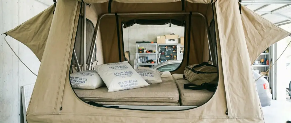Sachets de gel de silice placés à l'intérieur d'une tente de toit avant la fermeture pour l'hiver.