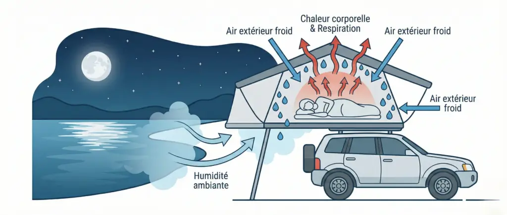 Infographie expliquant le phénomène de condensation : différence de température, respiration humaine et humidité extérieure.