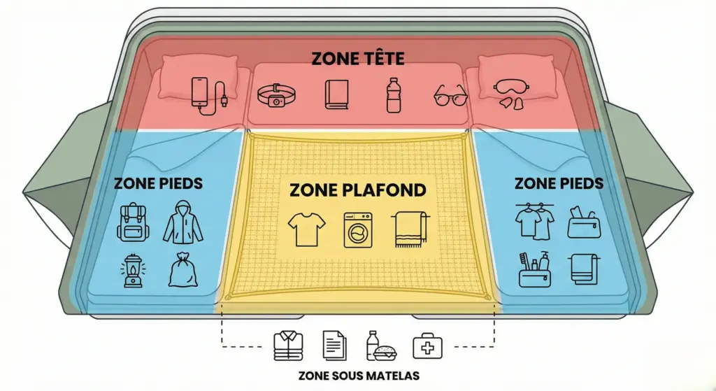 Schéma illustrant les différentes zones de rangement dans une tente de toit (tête, pieds, côtés, plafond).