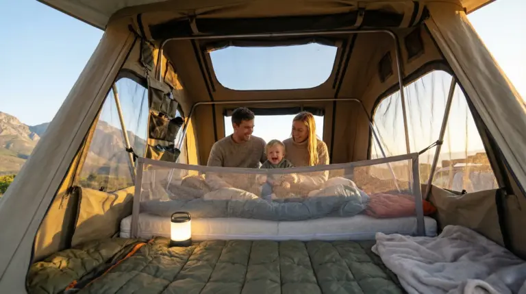 Famille heureuse dormant en sécurité dans une tente de toit avec filet anti-chute pour bébé et enfants en bas âge.