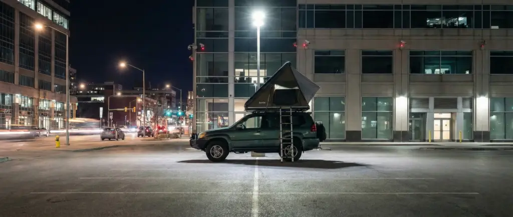 Voiture avec tente de toit garée sous un lampadaire dans une zone fréquentée