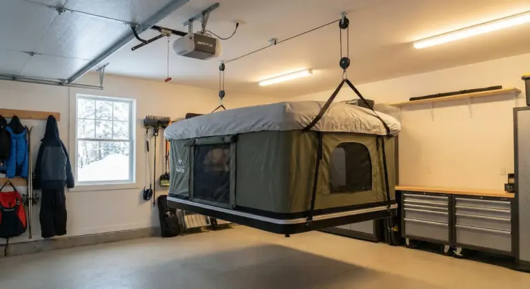 Hivernage et stockage d'une tente de toit dans un garage pour éviter la moisissure et l'humidité.