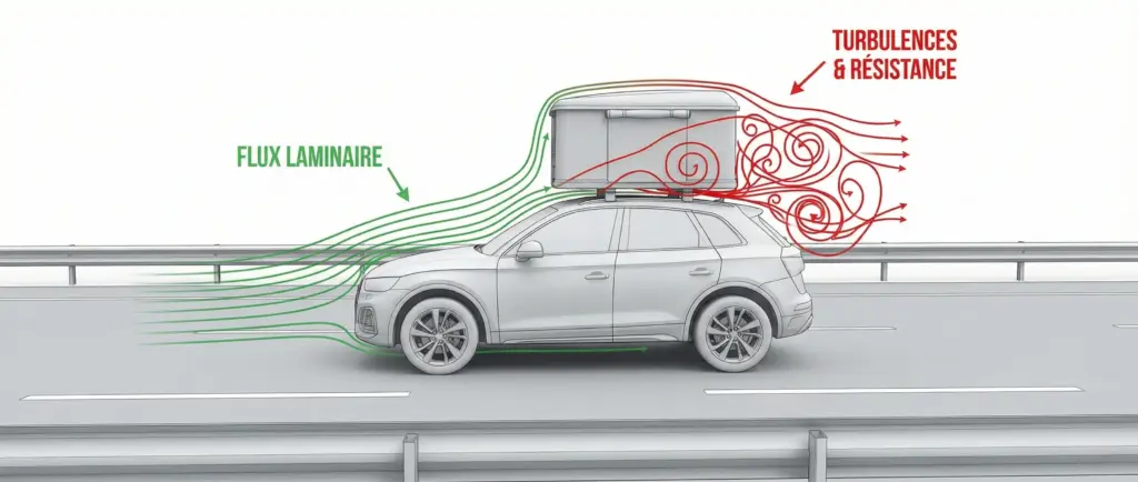 Schéma aérodynamique d'une voiture de profil roulant sur autoroute avec une tente de toit installée.