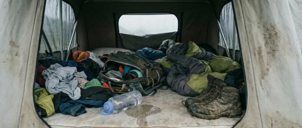 Intérieur de tente de toit désordonné avec des vêtements et sacs éparpillés sur le matelas.