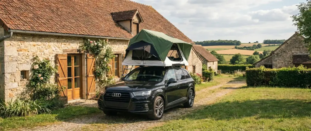 Tente de toit Quechua MH500 de Decathlon dépliée sur une voiture noire stationnée devant une maison en pierre dans la campagne française.