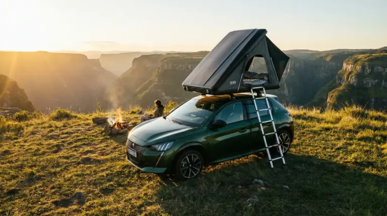 Tente de toit rigide installée sur une citadine type Peugeot 208 ou Clio au bord d'une falaise.