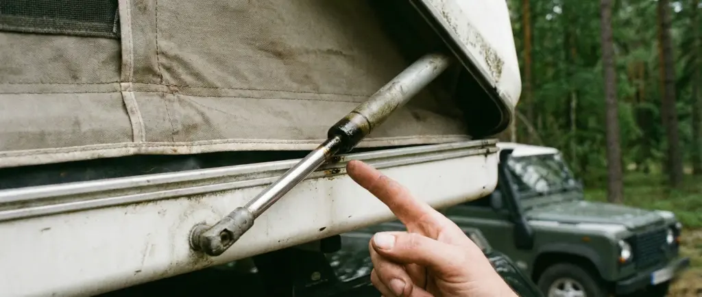 Inspection des vérins à gaz d'une tente de toit rigide d'occasion, montrant des signes d'usure.
