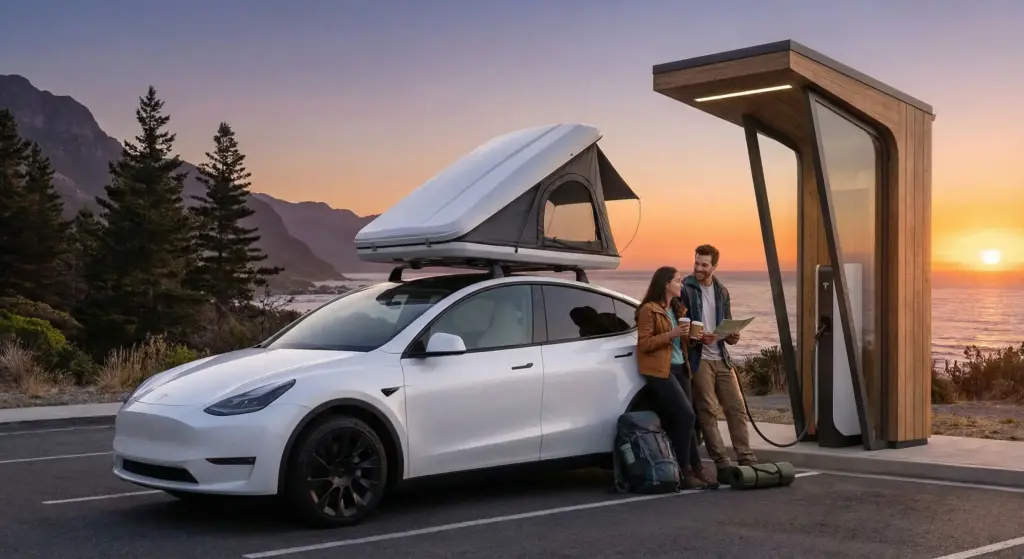 Une Tesla Model Y ou voiture électrique moderne garée à une station de recharge rapide au coucher du soleil, avec une tente de toit profilée sur le toit. Ambiance voyage, roadtrip écologique, futuriste et nature.
