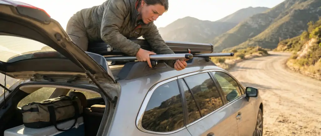 Conducteur vérifiant manuellement le verrouillage des barres de toit avant le départ