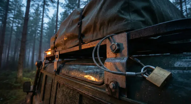 Une tente de toit rigide équipée d'un câble antivol en acier et d'écrous de sécurité sur les barres de toit d'un 4x4 stationné en forêt.