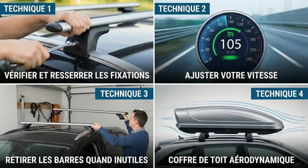 Infographie présentant 4 techniques complémentaires pour réduire le bruit des barres de toit : vérifier les fixations, ajuster la vitesse, retirer les barres inutilisées et utiliser un coffre de toit aérodynamique.
