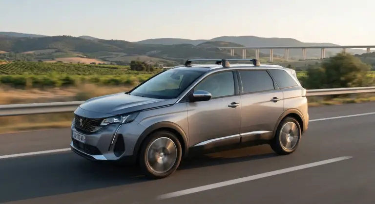 Voiture avec barres de toit profilées roulant en silence sur l'autoroute