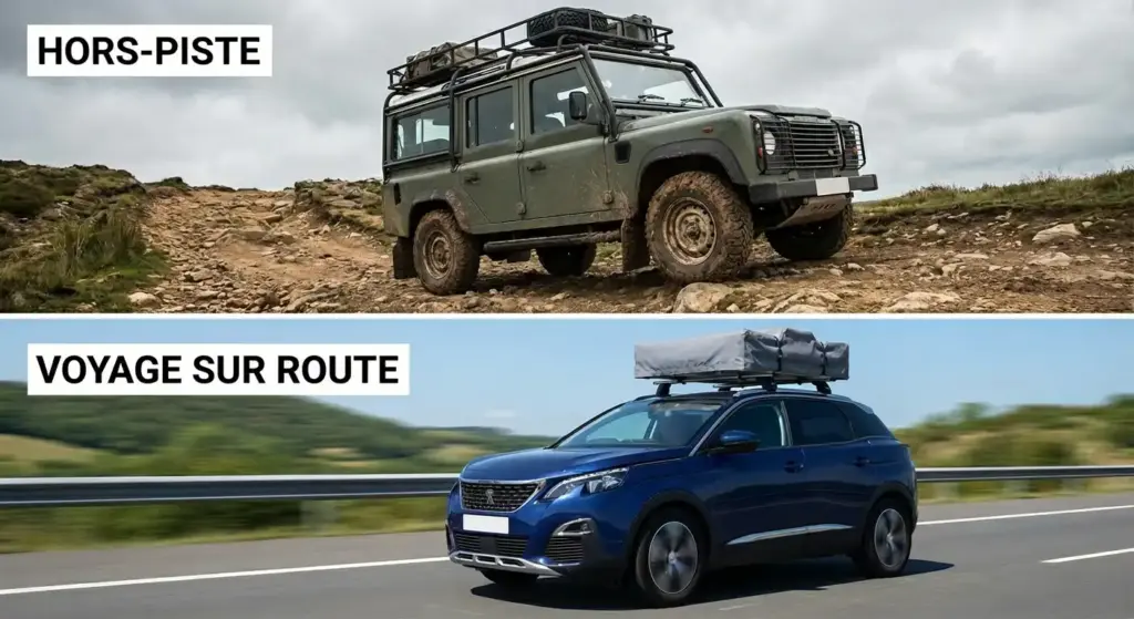 Land Rover Defender avec galerie acier sur piste vs Peugeot 3008 avec barres alu sur autoroute