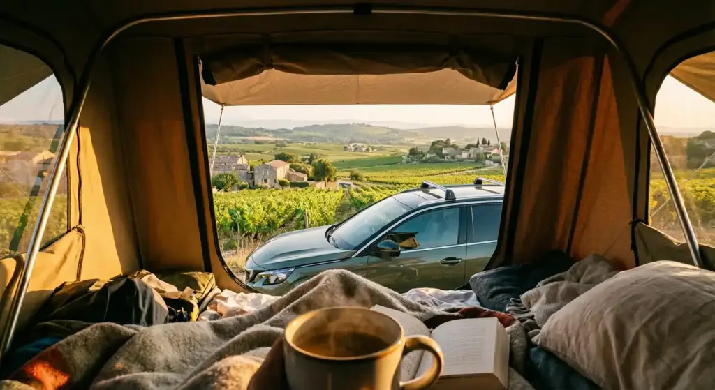 Vue depuis l'intérieur d'une tente de toit sur Peugeot 3008 au petit matin