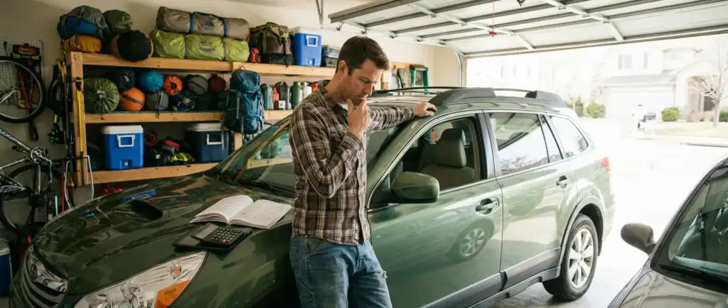 Homme consultant le manuel de sa voiture et mesurant son toit pour choisir ses barres