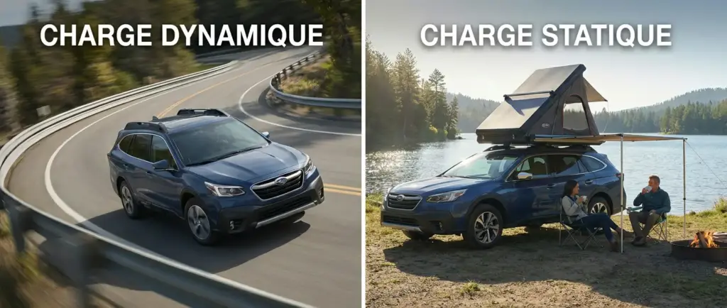 Voiture en virage sur route (charge dynamique) et voiture à l'arrêt avec tente déployée (charge statique)
