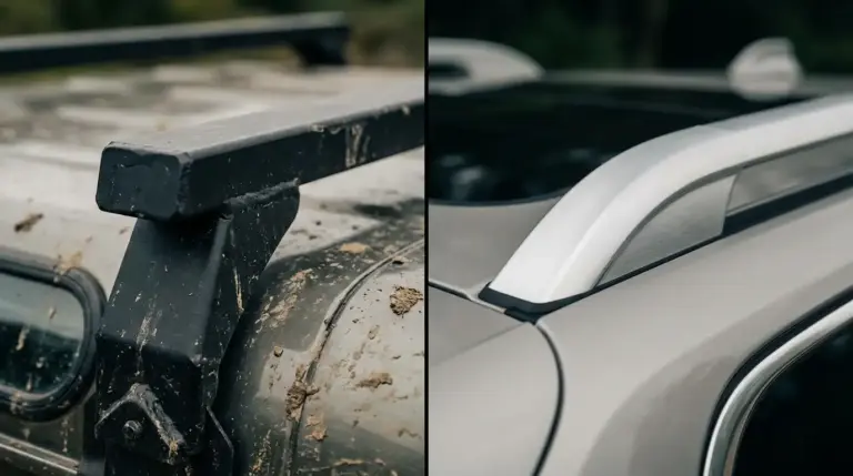 Gros plan sur une barre de toit en aluminium profilée et une barre en acier carré installées sur une voiture