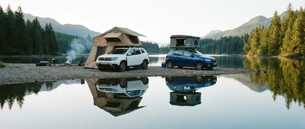 Dacia Duster et Sandero garés côte à côte avec tentes de toit ouvertes