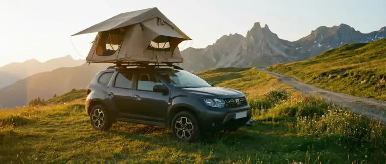 Dacia Duster gris anthracite avec tente de toit souple déployée bivouac montagne coucher de soleil