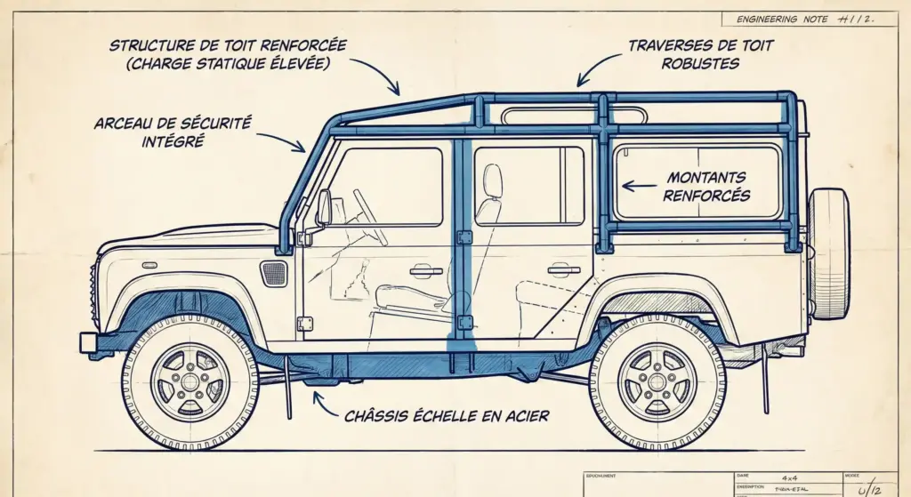 Land Rover Defender ancien équipé d'une galerie renforcée supportant une tente de toit et des bidons jerrycans.