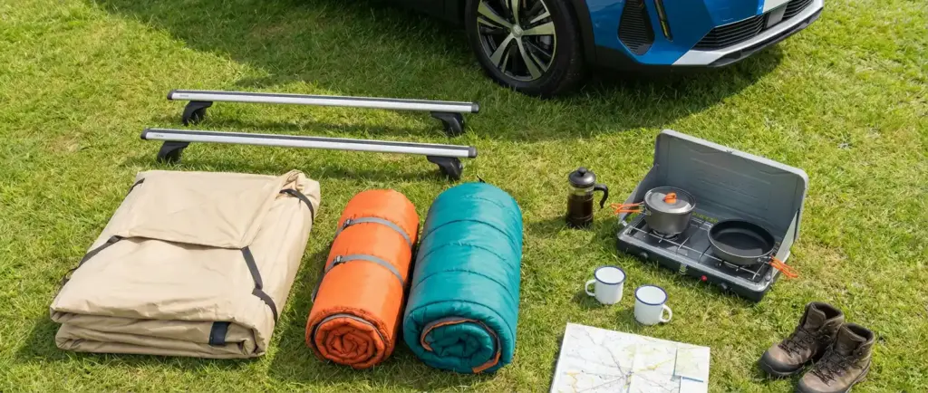 Ensemble d'équipement de camping voiture : barres de toit, tente pliée et accessoires posés devant un 3008
